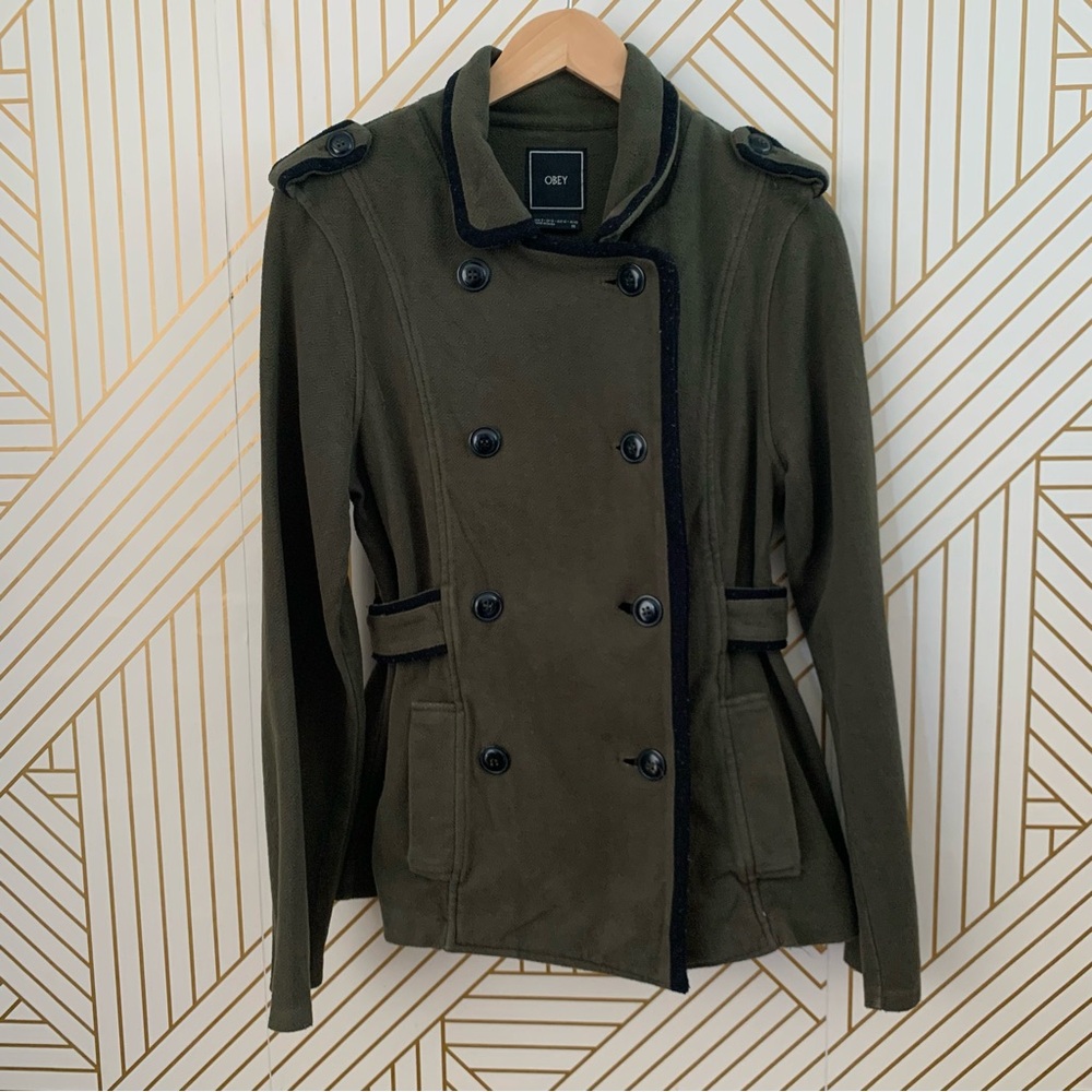 Obey cotton blend Utility military inspired double breasted green black Jacket 8 - Picture 9 of 9